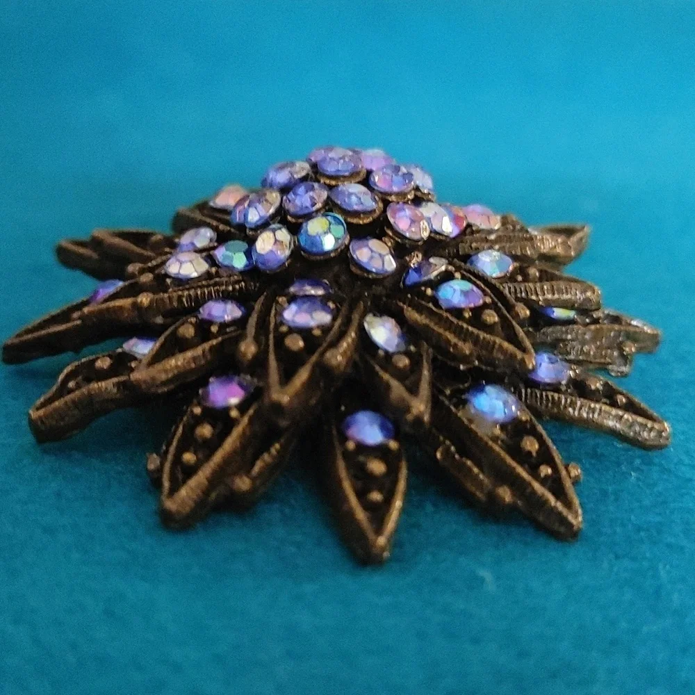 Vintage Brooch Blue & Purple Crystals Layered Flower Pattern in Bronze Setting